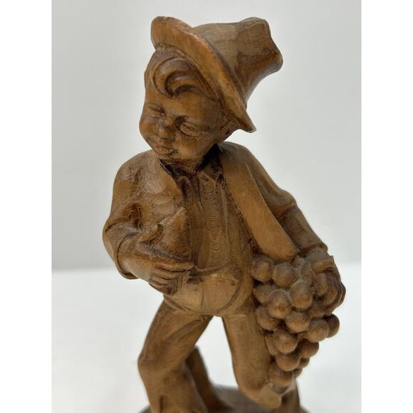 Vintage 1960’s Brown Wood Hand Carved German Oberammergau Boy Holding Grapes